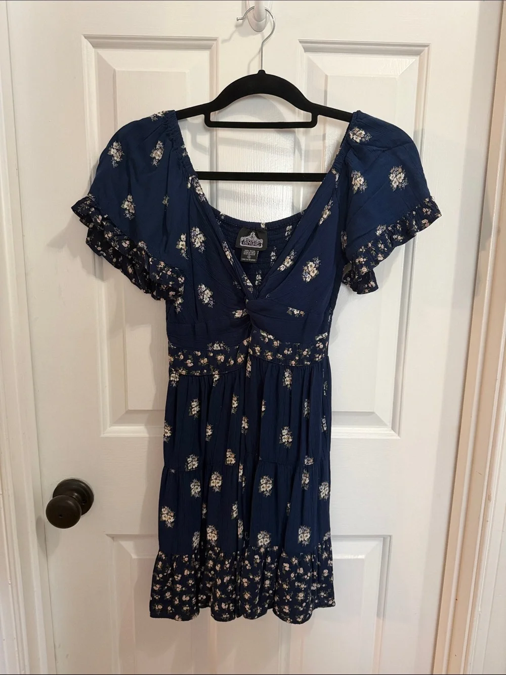 Angie Navy Floral Twist-Front Mini Dress with Cream Accents - Picture 1 of 3